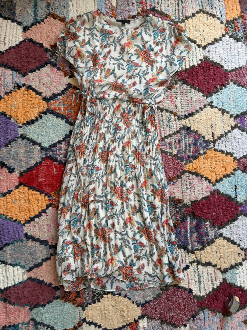 Dance & Marvel Ivory Floral Midi Dress with Teal and Orange Motif